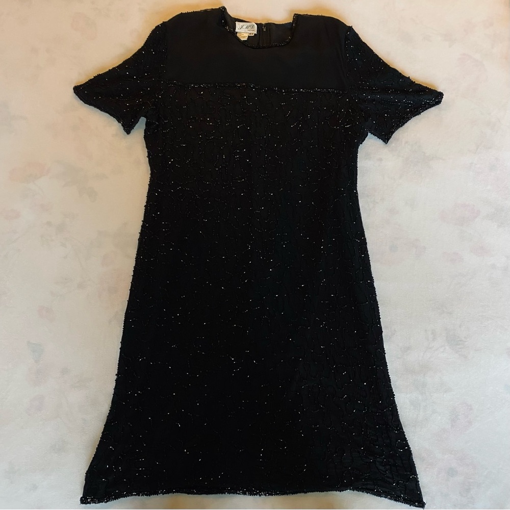 vintage 80s jmd black silk beaded dress / size 2xl - Picture 2 of 4